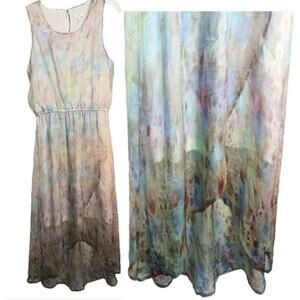 Vintage Chiffon Summer Dress Midi Sz M Pastel Watercolor Floral Sleeveless Flowy
